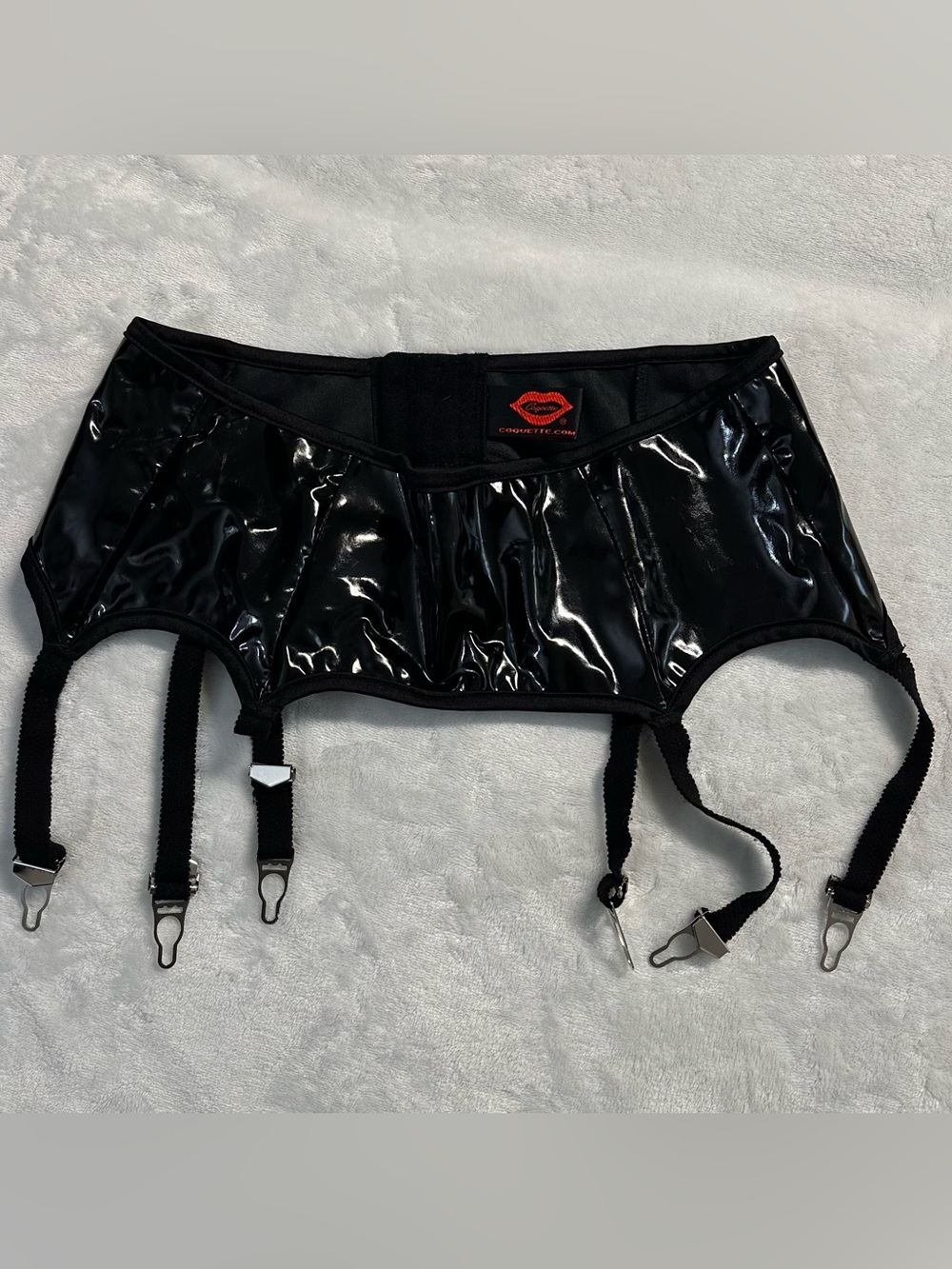 COQUETTE women's black shiny faux patent leather garter belt, S.